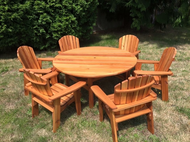 Round Patio Dining Set for Six with Adirondack Chairs