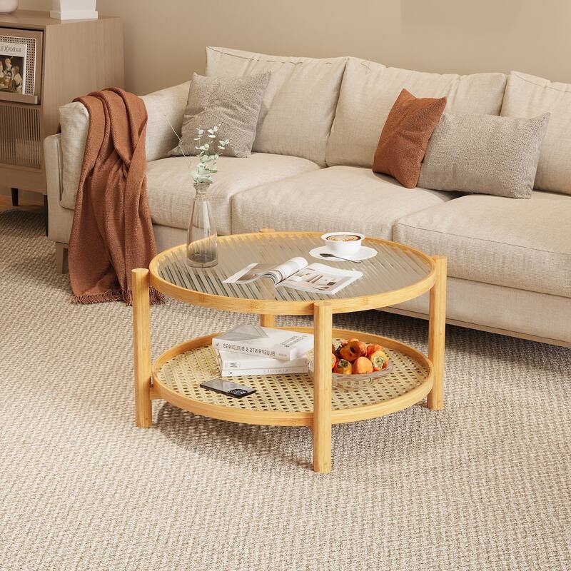 Round Reeded Glass Bamboo Table with Woven Shelf