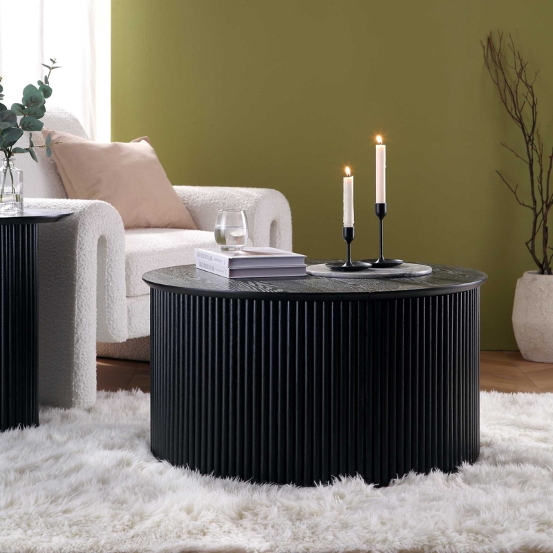 Round Storage Coffee Table Fluted Base Tambour Detail Japandi Wood Grain