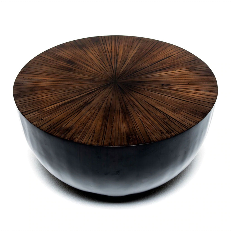 Round Sunburst Veneer Coffee Table Drum Base