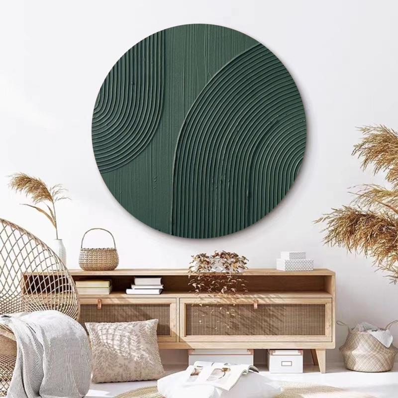 Round Wall Art Forest Green Heavy Relief Texture Ridged Pattern