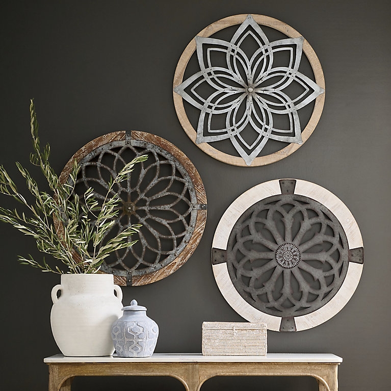Round Wall Art Set Floral Medallion Motifs Mixed Media