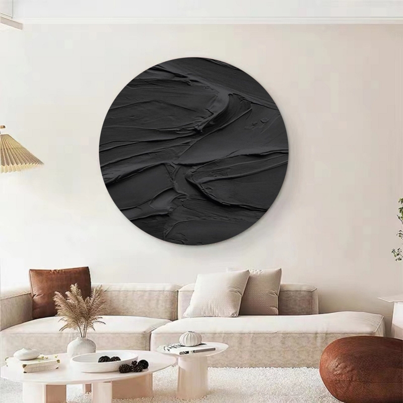 Round Wall Art Textured Black 3D Impasto Heavy Relief