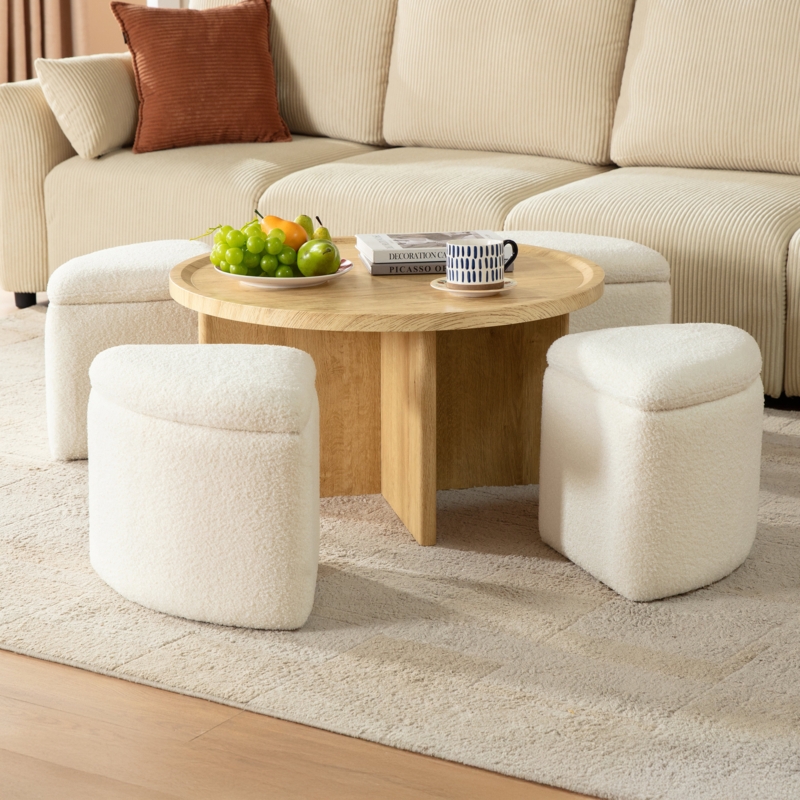 Round Wood Coffee Table Set with Plush Chenille Nesting Stools