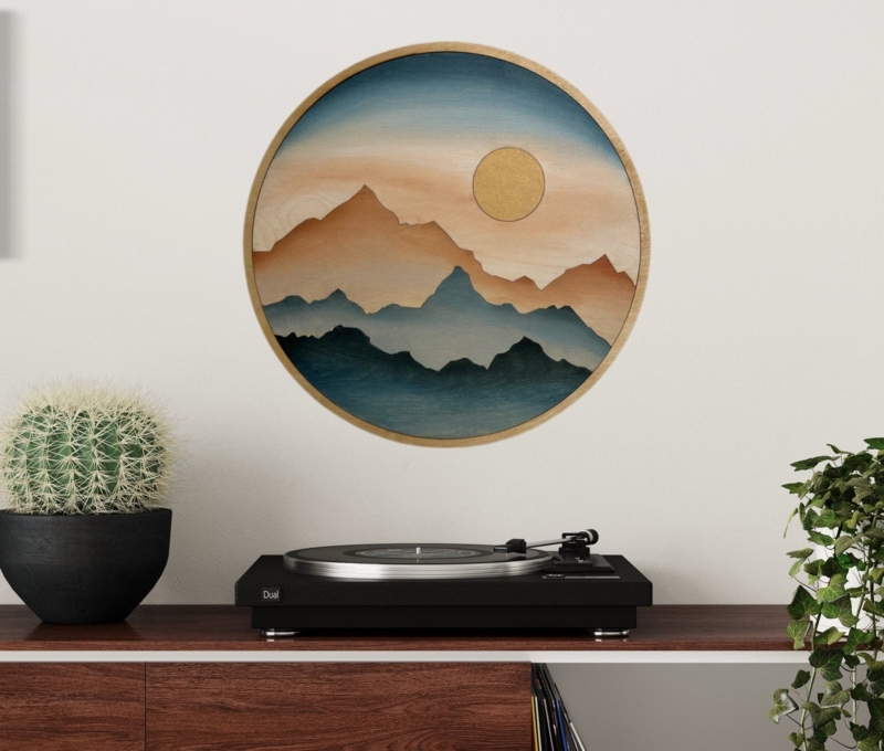 Round Wood Wall Art Layered Mountain Scene Sunset Palette