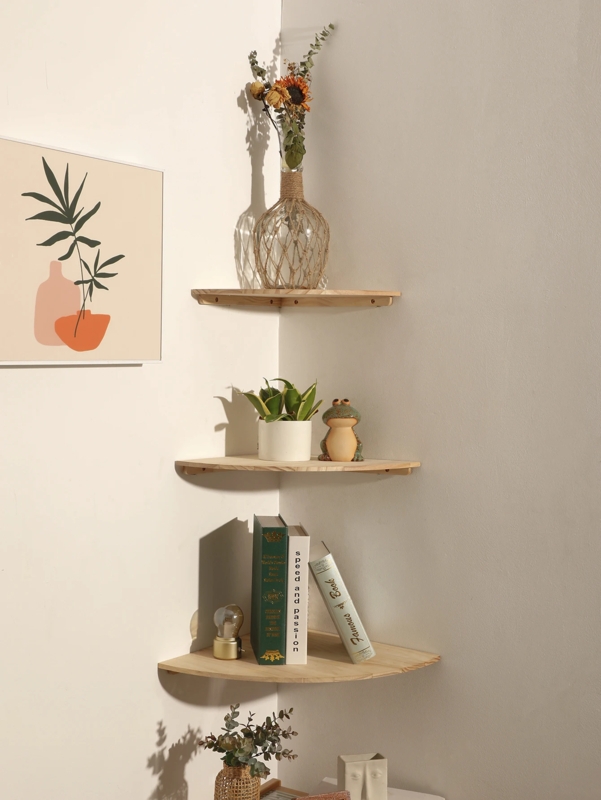 Rounded Wood Corner Shelves: Natural Boho Tiered Floating Set