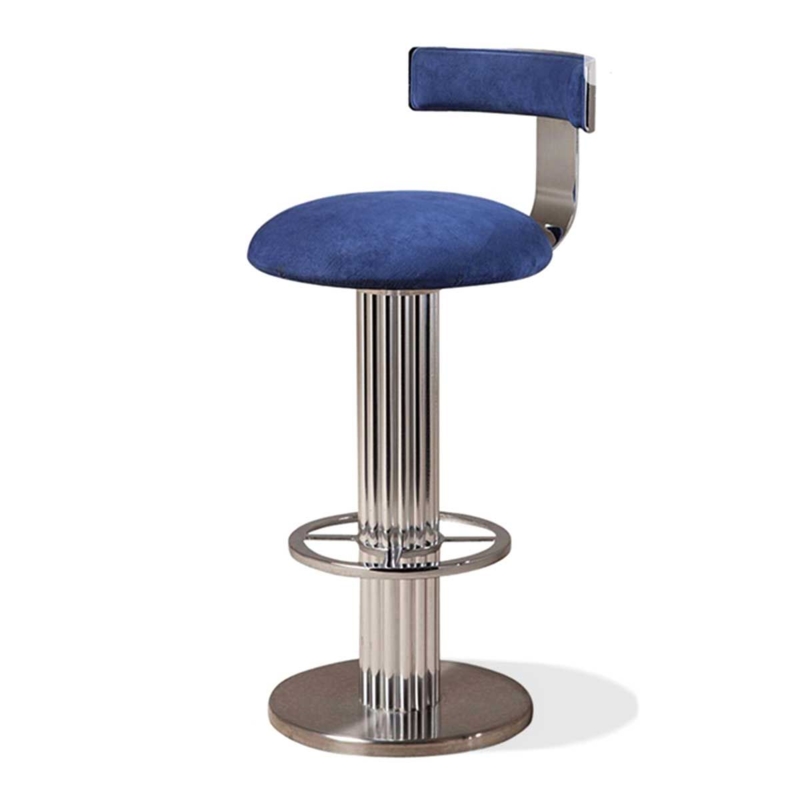 Royal Blue Velvet Bar Stool with Polished Chrome Fluted Pedestal