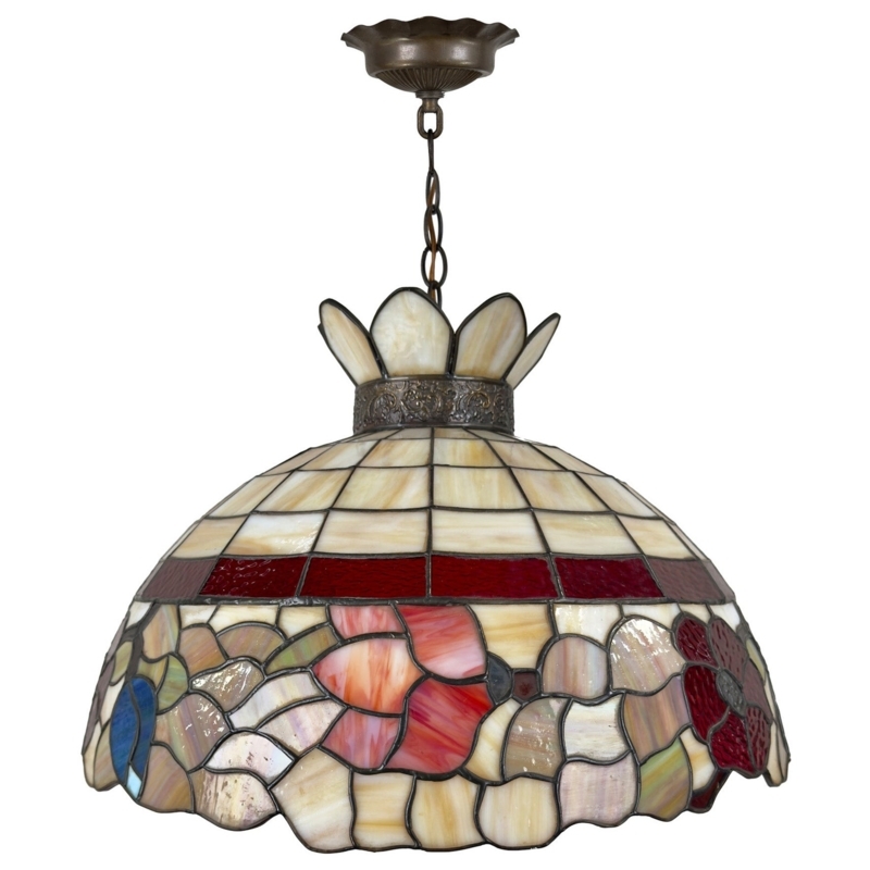 Ruby Red Stained Glass Pendant Light with Floral Motif and Bronze