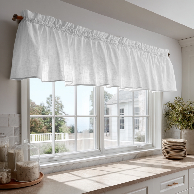Ruffled Linen Valance, Crisp White Fabric with Rod Pocket Header