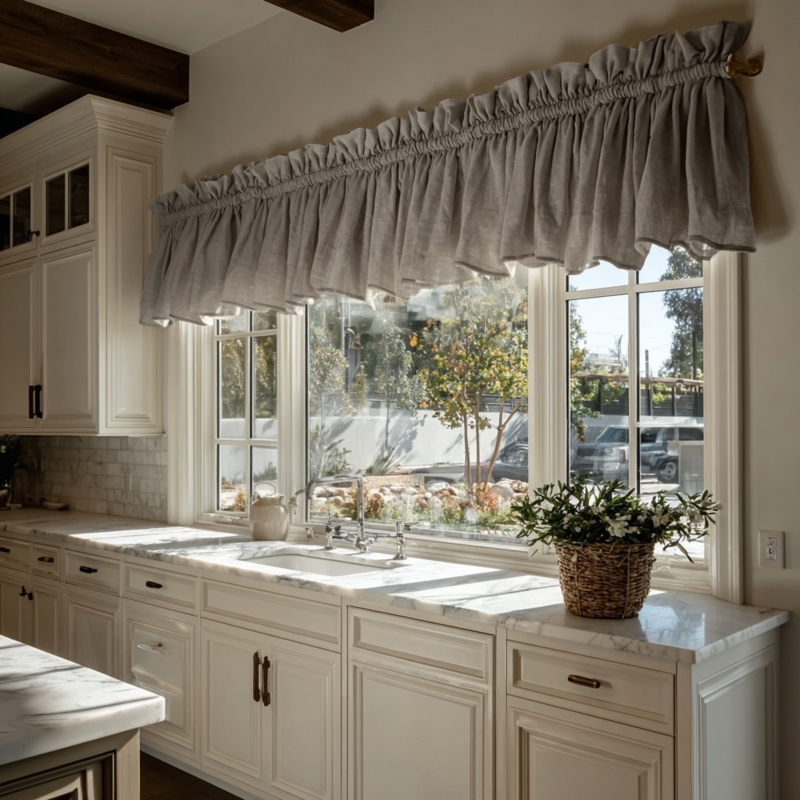 Ruffled Valance, Light Grey Linen for Farmhouse Kitchen Windows