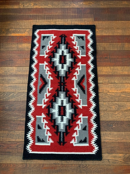 Runner Rug with Deep Red Geometric Diamond and Saw Tooth Border