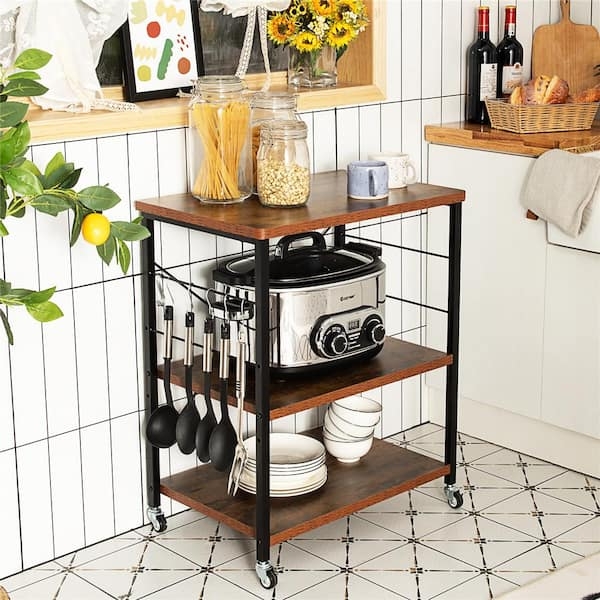 Rustic 3-Tier Kitchen Cart with Locking Casters and Side Hooks