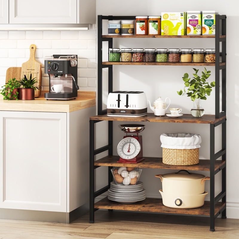 Rustic 5-Tier Bakers Rack with Open Back and Varied Depth Shelves