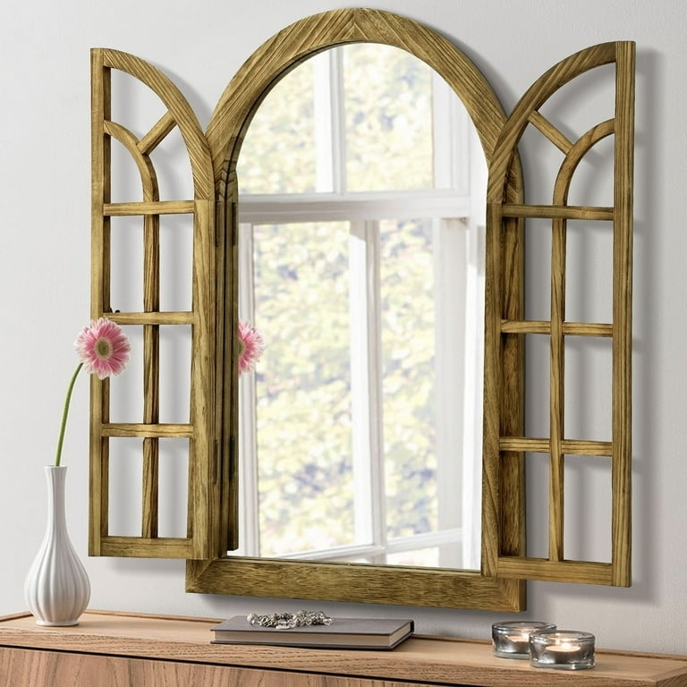 Rustic Arched Window Mirror with Hinged Shutters and Wood Pane Grid