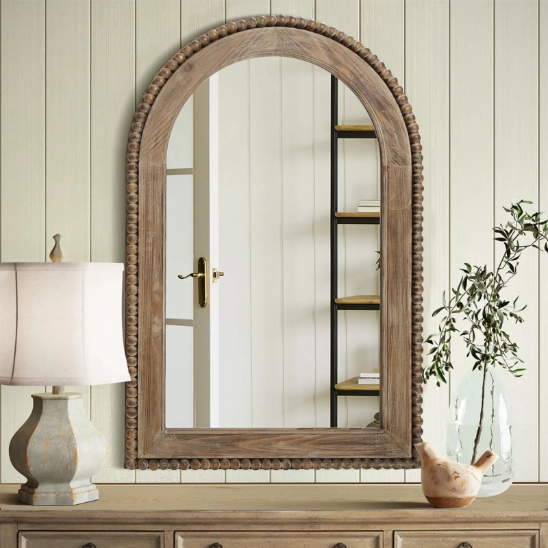 Rustic Arched Wood Mirror with Beaded Trim and Distressed Finish