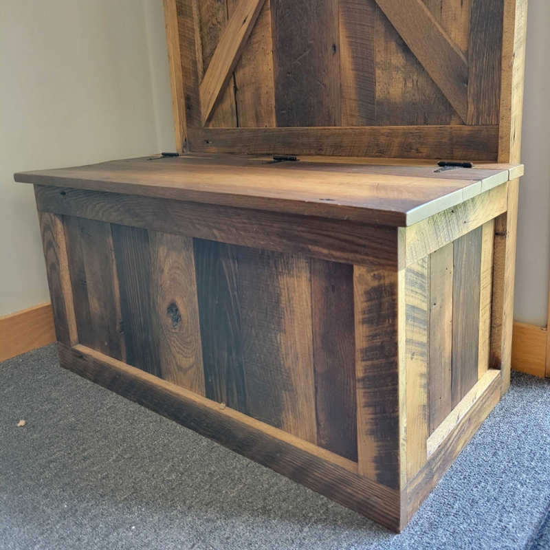 Rustic Barnwood Storage Bench with Hinged Lid and Cross Brace Back