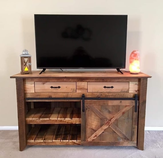 Rustic Barnwood TV Stand: Sliding Barn Door, X-Brace, Reclaimed Look.