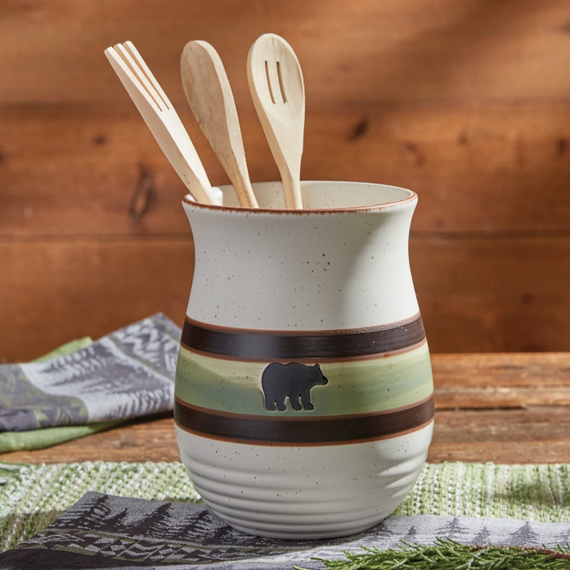 Rustic Bear Utensil Crock, Speckled Ceramic with Stripe Detail