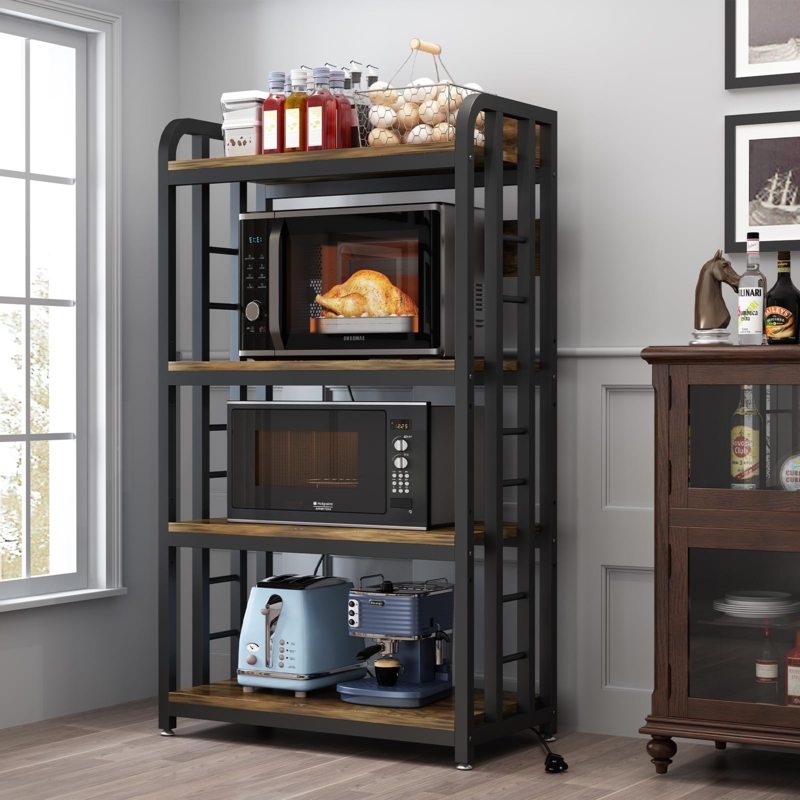 Rustic Brown 4-Tier Bakers Rack with Arched Top Frame and Outlet