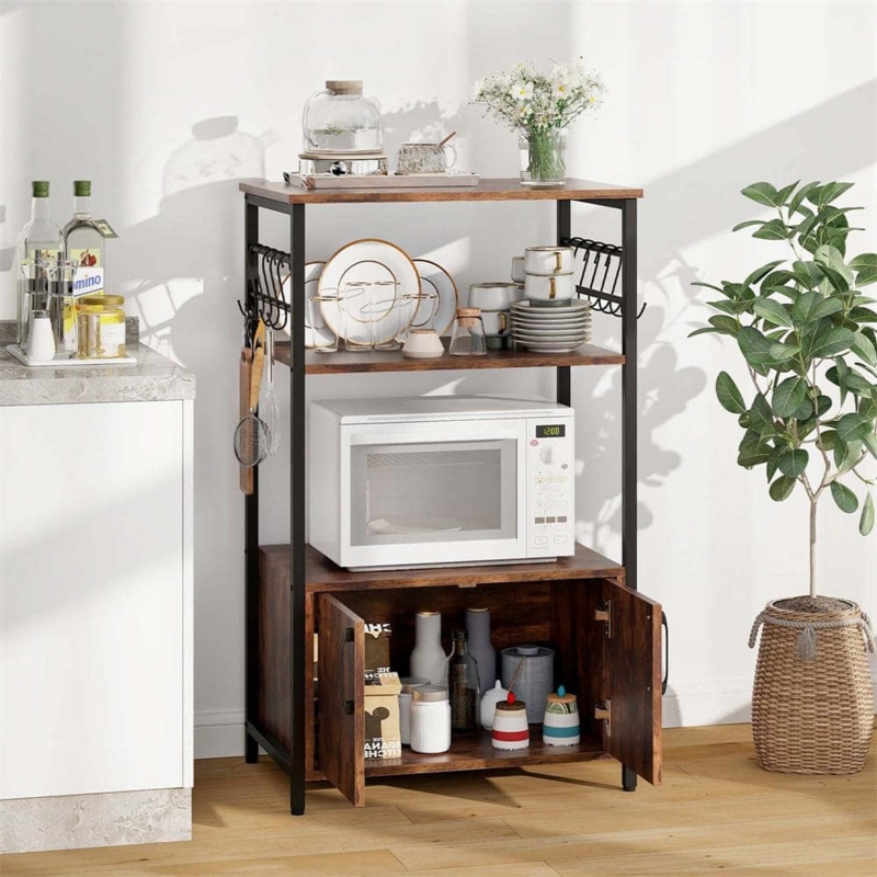 Rustic Brown Bakers Rack with Enclosed Cabinet and Microwave Stand