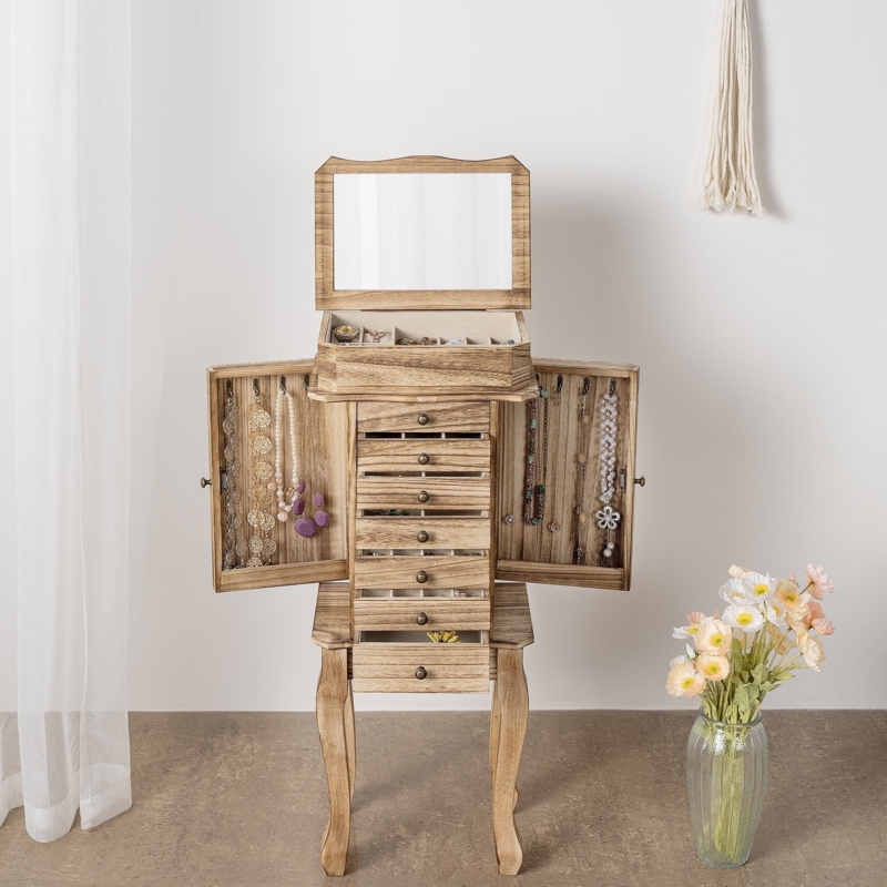 Rustic Brown Jewelry Armoire with Distressed Finish and Cabriole Legs