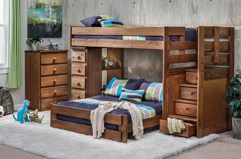 Rustic Bunk Bed L Shaped Layout Built In Staircase Drawers Walnut