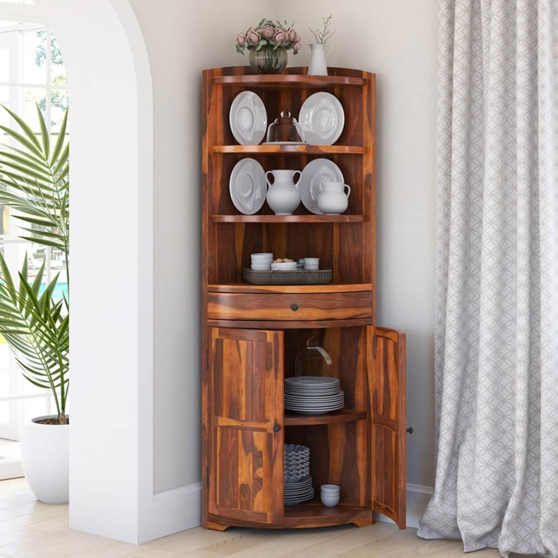 Rustic Circular Corner Hutch with Prominent Wood Grain and Tiered Display