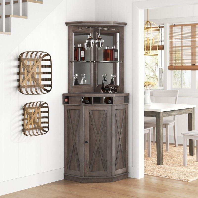 Rustic Corner Bar Cabinet with X-Brace Doors