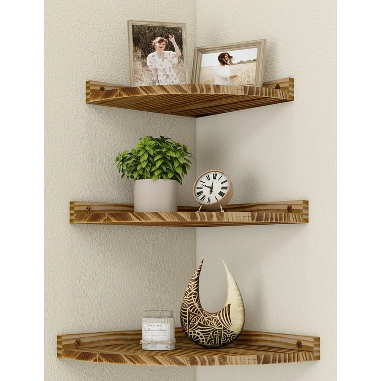 Rustic Corner Wall Shelves: Raised Back Lip, Tiered Wood Set