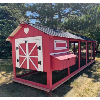 Rustic Farmhouse Chicken Coop with Heart Detail and White X-Bracing