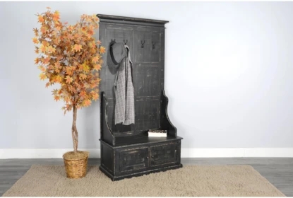 Rustic Farmhouse Hall Tree with Distressed Black Finish and Two Doors