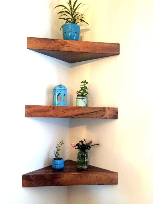 Rustic Floating Corner Shelves: Chunky Distressed Wood Triangular Set