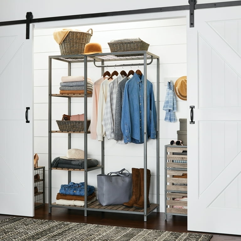 Rustic Garment Rack with Wood Slat Shelves & Five Tier Storage