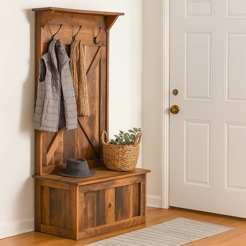 Rustic Hall Tree with Crossbuck Back and Reclaimed Wood Look