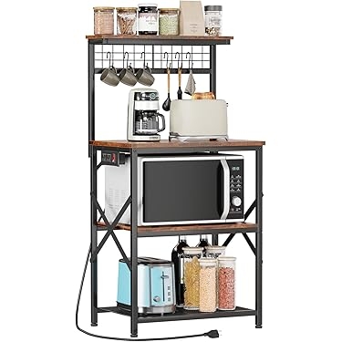 Rustic Industrial Bakers Rack, Power Outlet, Wire Grid Back