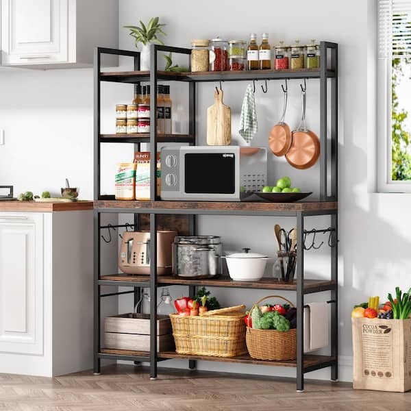 Rustic Industrial Bakers Rack with Microwave Shelf, Tiered Storage
