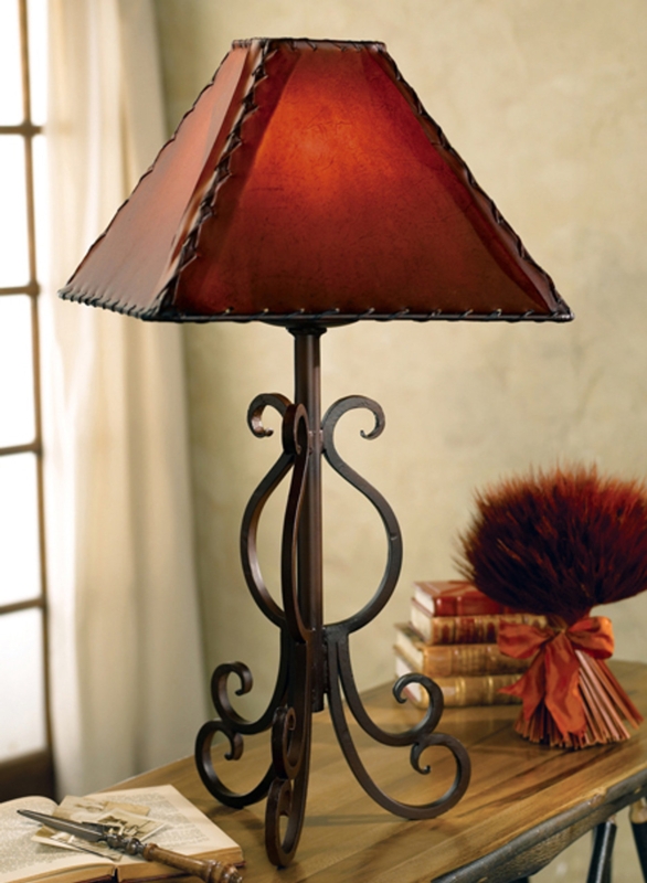 Rustic Iron Table Lamp: Whipstitched Rawhide Shade, Scrolled Base