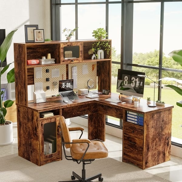 Rustic L-Shaped Desk with Hutch, File Cabinet, and Pegboard Organizer