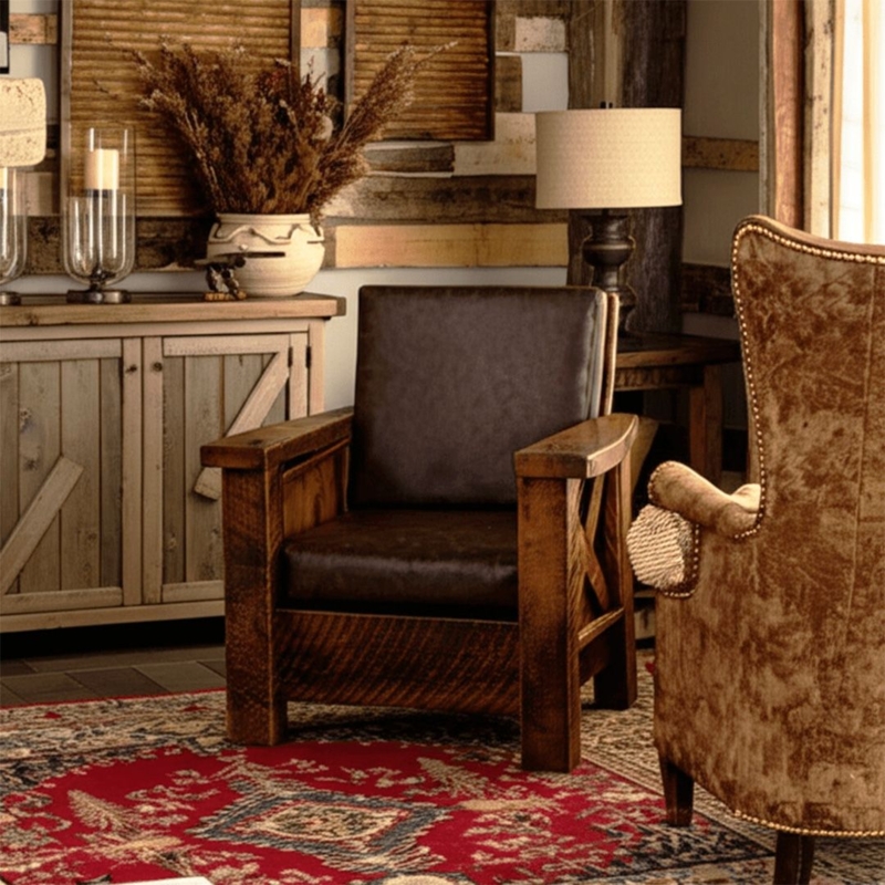 Rustic Lodge Lounge Chair with Weathered Wood X-Frame and Wide Arms