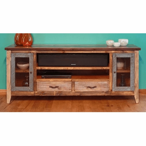 Rustic Mesh Door TV Stand: Industrial Wood, Rivet Edge Detailing.