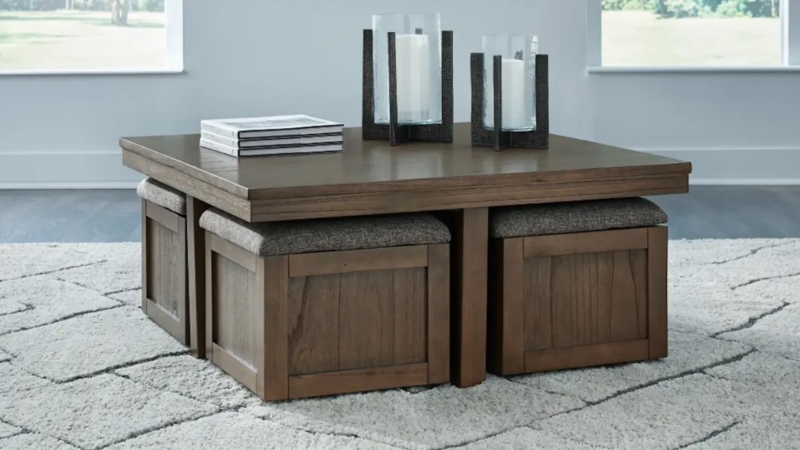 Rustic Modern Coffee Table Set with Heathered Grey Fabric Stools