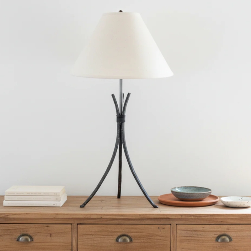 Rustic Modern Hammered Metal Tripod Lamp with Cinched Neck