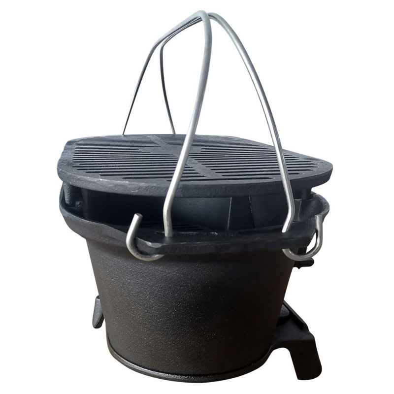 Rustic Portable Cast Iron Grill Deep Basin Wire Handles Footed Base