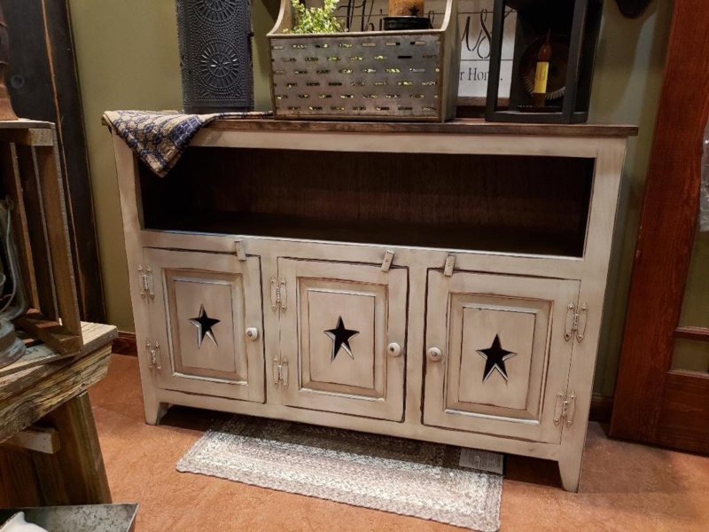 Rustic Star Cabinet Stand: Distressed Cream Finish, Primitive Style.