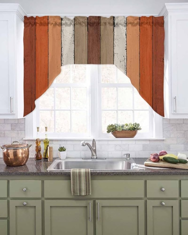 Rustic Valance, Wood Grain Print in Burnt Orange with Swag