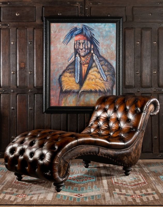 Rustic Western Burnished Tobacco Leather S-Curve Chaise Lounge
