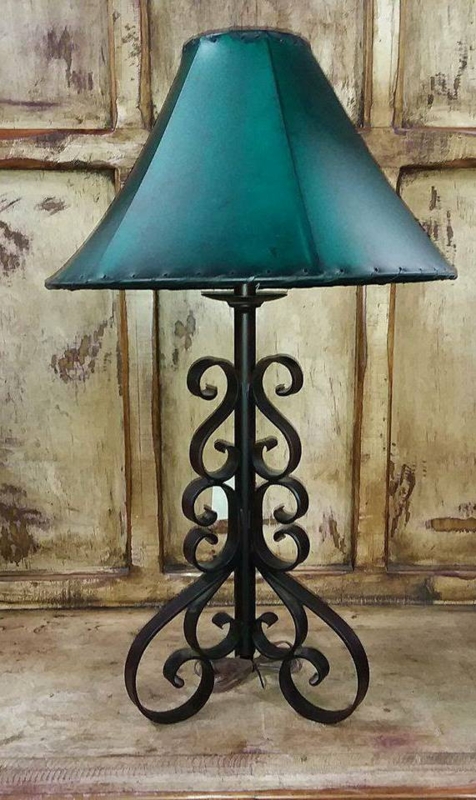 Rustic Western Wrought Iron Scrollwork Lamp with Teal Conical Shade