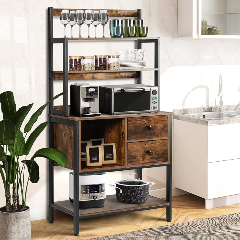 Rustic Wood Bakers Rack with Integrated Drawers and Distressed Finish