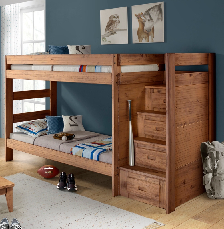 Rustic Wood Bunk Bed with Integrated Staircase Drawers