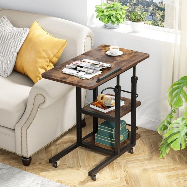 Rustic Wood C-Shaped End Table with Tiltable Top and Lockable Wheels